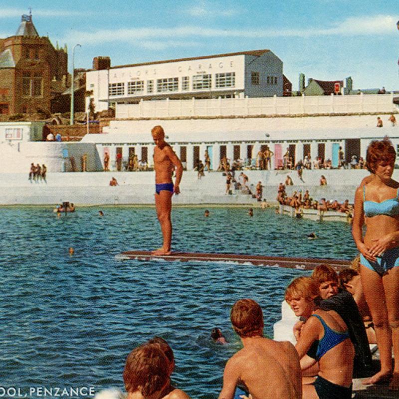 Postcard of the pool featuring diving boards