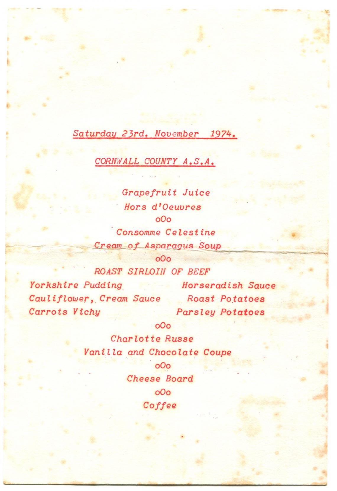 Menu, Swimming Association annual dinner (reverse)