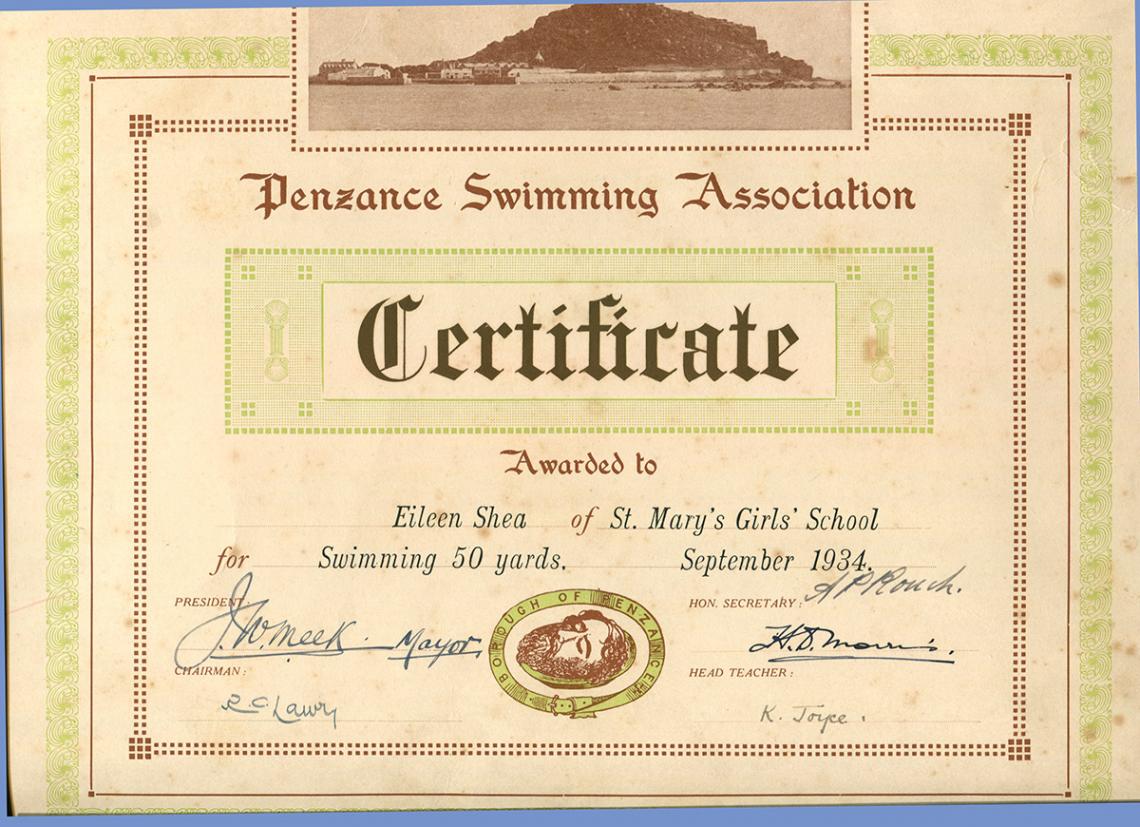 50 yards swimming certificate from 1934