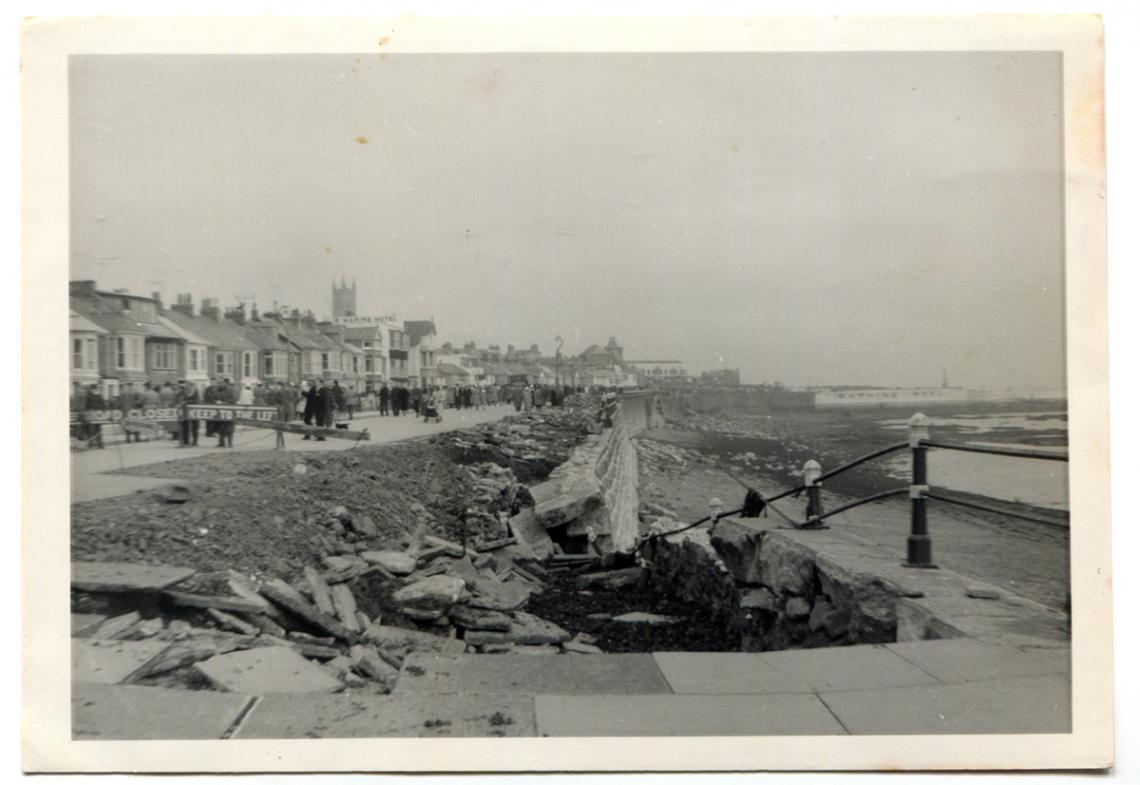Storm damage, Penzance promenade, 1962