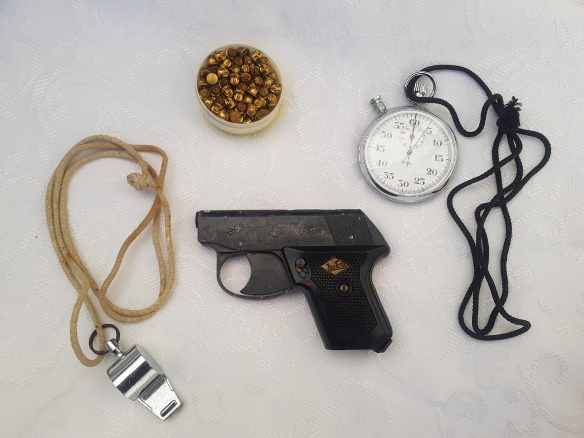 Ken Jilbert starting gun, caps, whistle, Eileen Jilbert stop watch