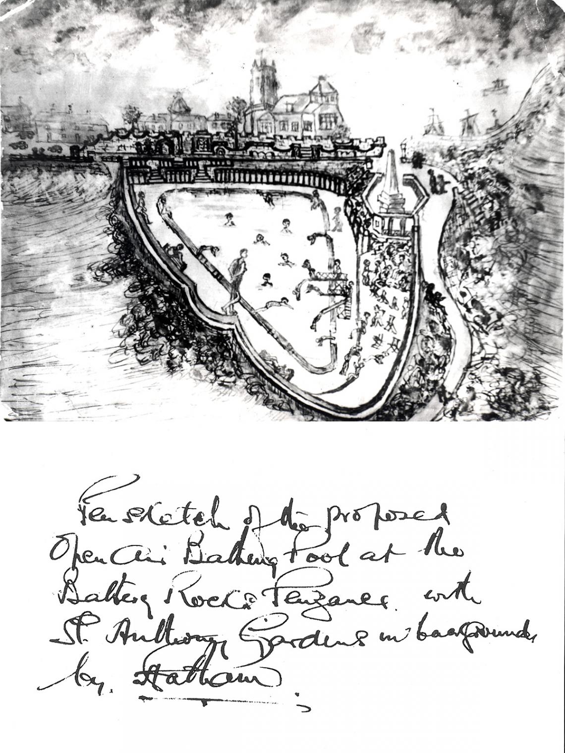 Pen sketch of proposed pool and hadwritten text