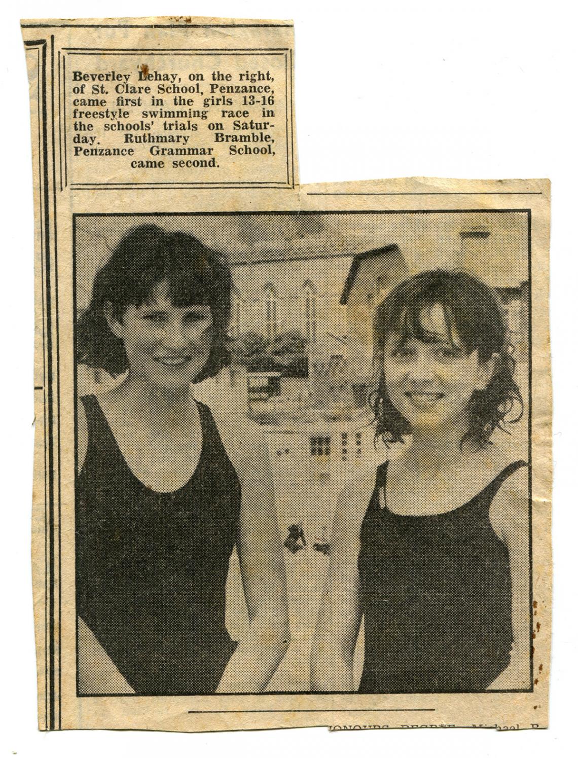 Newspaper cutting - Ruth Trevenen comes second in swimming race