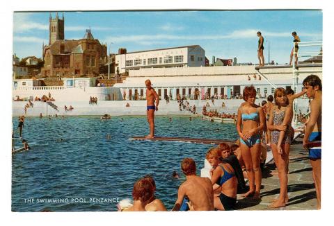 Postcard of the pool featuring diving boards
