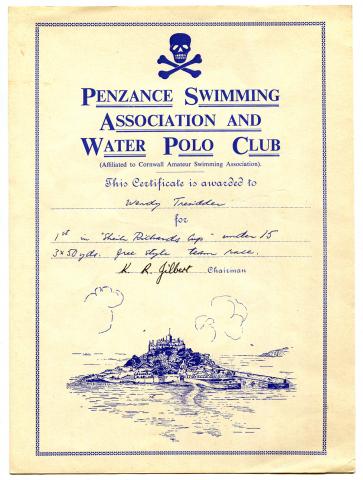 Penzance Swimming Association and Water Polo Club certificate